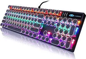 Typewriter Style Mechanical Gaming Keyboard, Black Retro Punk Gaming Keyboard with RGB Backlit, 104 Keys Blue Switch Wired Cute Keyboard, Round Keycaps for Windows/Mac/PC