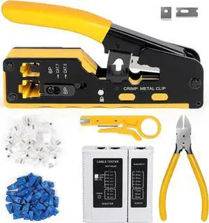 RJ45 Crimp Tool Kit, Ethernet Pass Through Crimper, Network Cat5 Cat6 Cat7 Crimping Tool Repair Kit Includes Cable Tester, Mini Stripper, Blades, 50Pcs Connectors and Strain Relief Boots