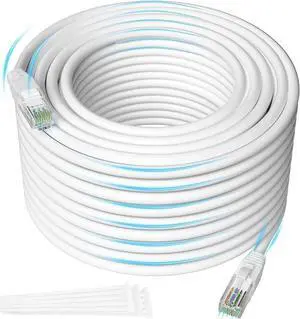 Cat 6 Ethernet Cable 150 Feet, Cat 6 Internet Cable, Cat6 Patch Cable, Network, LAN, Snagless RJ45 Cord, Supports Cat6/ Cat5e/ Cat5, White Cable (with 15 Cable Ties and a RJ45 Coupler)