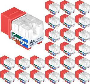 25-Pack 90 Degree Cat6 RJ45 Keystone Jack, Punch Down Keystone Jack Adapter-Red UL Listed