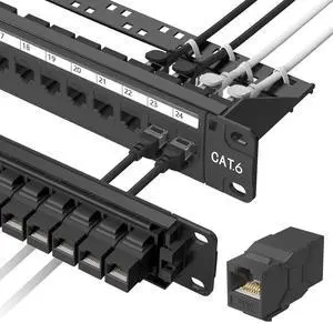 24 Port Patch Panel Rackmount or Wall Mount 19-Inch, 1U Cat6 Network Panel Preloaded with 24 Keystone Couplers plus 1 Spare, 10Gbps Ethernet Patch Panel with Cable Management & Back Support Bar