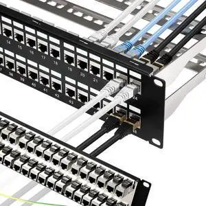 Patch Panel 48 Port Cat6A with Inline Keystone 10G Support, Coupler Patch Panel STP Shielded 19-Inch with Removable Back Bar, 1U Network Patch Panel for Cat7, Cat6, Cat6A, Cat5e