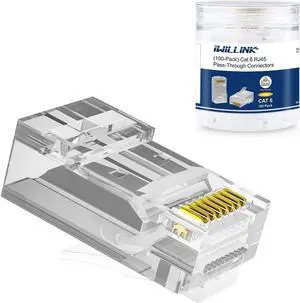 100-Pack RJ45 Cat6 Pass-Through Connectors, Gold-Plated Ethernet Crimp Plugs for Solid and Stranded Wire, UTP Network Cable Termination
