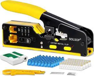 Pass Through RJ45 Crimp Tool Kit All-in-One Ethernet Crimper Cat7 Cat6 Cat5 Crimping Tool with Network Cable Tester, 50-Pack Cat6 RJ45 Pass Through Connector, 50-Pack Connector Boots