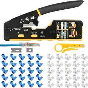 RJ45 Crimp Tool Kit All-in-one Ethernet Crimping Tool Pass Through Crimper for 8P RJ45 Cat5 Cat5e Cat6 Cat6a 6P RJ11/12 Telephone Connectors With 50Pcs Connectors 50Pcs Covers Mini Yellow Stripper