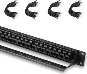 Patch Panel 24 Port Cat6 Bundle with Patch Cables Cat6 1ft 24 Pack Black