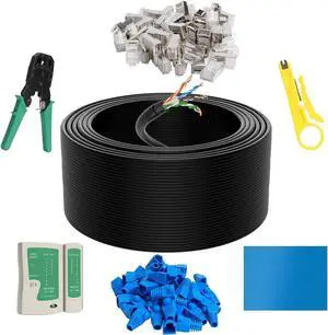 Cat6 Outdoor Ethernet Cable 500 FT with Tool Kit, Heavy Duty Network Internet DIY Bulk Cord, Support Cat 6 Cat5e Cat5, UTP, CCA, Waterproof, PVC & LLDPE UV Double Jackets, in Wall, Direct Burial, POE