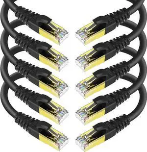 CAT8 Ethernet Cable 1 Feet (10 Pack), Black Shielded SFTP Internet Network Patch Cord, Heavy Duty High Speed LAN Cables w Gold Plated RJ45 Connector Professional for Router, Modem, Gaming