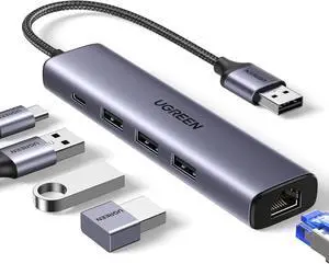 UGREEN USB to Ethernet Adapter, 5 in 1 USB Hub with Ethernet, Plug and Play, Multiport Network Adapter with 3 USB 3.0 Port, Gigabit RJ45, USB-C Power Port Compatible for Laptop MacBook XPS Windows 11