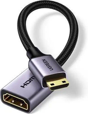 UGREEN Mini HDMI to HDMI Adapter Aluminum Shell Braided 4K 60Hz HDR 3D Compatible with Raspberry Pi Zero 2 W/W Portable Monitor DSLR Camera Camcorder Graphics Card Laptop Projector Tablet, Grey