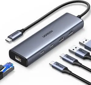 UGREEN USB C to Ethernet Adapter, 10Gbps Data Port 6-in-1 Hub Ethernet with 2*USB-C 3.2, USB-A 3.2/2.0, Gigabit RJ45, Power Port (Only for Adapter), Type C to Network Dongle for Laptop, MacBook, XPS