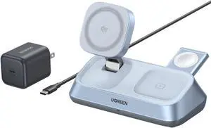 UGREEN 25W Qi2 Certified 3-in-1 Magflow Wireless Charging Stand, Magsafe Fast Wireless Charger for iPhone 17/16/15/14/13/12, AirPods and Apple Watch, Desk Stand with Adjustable Angle