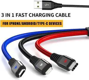 JAENFONG Multi Charger Cable, Nylon Braided Universal 3 in 1 Multiple Ports Devices USB Charging Cord with USB Type C/Micro USB Connectors for Phones Tablets (Charging Only) - 4Ft, 2Pack