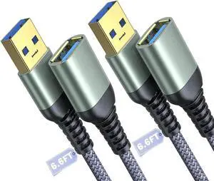 JAENFONG 2 PACK 6.6FT+6.6FT, USB 3.0 Extension Cable Type A Male to Female Extension Cord DURABLE BRAIDED MATERIAL Fast Data Transfer Compatible with USB Keyboard, Mouse, Flash Drive, Hard Drive