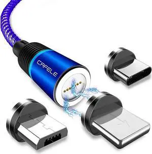 JAENFONG Magnetic Charging Cable 6.6ft, QC3.0 Fast Charging Nylon Braided Cord with LED Light, Support Data Trasfer 3 in 1 Universal Magnet Phone Charger Compatible with Micro USB Type C Devices