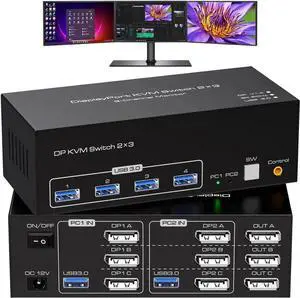 8K KVM Switch 3 Monitors 2 Computers Displayport 4K@120Hz USB 3.0 KVM Switches DP 1.4 Monitor Switch for 2 Computers with 4 USB Ports Support Extended & Copy Mode, With 12V DC Adapter and 2 USB cables 8K KVM Switch 3 Monitors 2 Computers Displayport 4K@120Hz USB 3.0 KVM Switches DP 1.4 Monitor Switch for 2 Computers with 4 USB Ports Support Extended & Copy Mode, With 12V DC Adapter and 2 USB cables