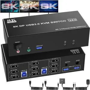 Displayport USB 3.0 KVM Switch 3 Monitors 2 Computers, DP1.4 Triple Monitor KVM Switch with Audio Microphone Output and 3 USB 3.0 Ports, 8K@60Hz DP KVM Triple Monitor Keyboard Mouse Switcher