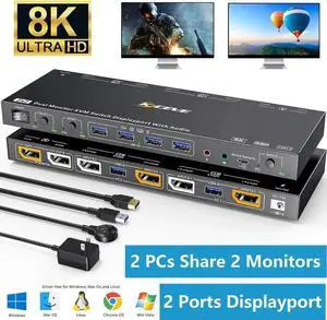Voice Controlled Displayport KVM Switch 2 Monitors 2 Computers 8K@30Hz 4K@144Hz, Dual Monitor Displayport KVM Switch with Audio and 4 USB 3.0 Port for Earphone Keyboard Mouse, Support KVM and USB Mode