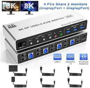 8K@60Hz USB3.0 Displayport KVM Switch 2 Monitors 4 Computers, 4 Port DP1.4 Dual Monitor Displayport KVM Switch with Audio, Microphone and 3 USB3.0, Dual Monitors Displayport KVM Switch for 4PCs 8K@60Hz USB3.0 Displayport KVM Switch 2 Monitors 4 Computers, 4 Port DP1.4 Dual Monitor Displayport KVM Switch with Audio, Microphone and 3 USB3.0, Dual Monitors Displayport KVM Switch for 4PCs