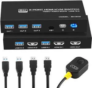 2 Port HDMI KVM Switch 8K 60Hz, 2 in 1 Out HDMI KVM Switch for 2 Computer Share 1 HD Monitor and 3 USB 3.0 Devices, Support HDR, 3D Vision,,HDCP2.2, Including 2 HMDI 2.1 Cables & 2 USB 3.0 Cables 2 Port HDMI KVM Switch 8K 60Hz, 2 in 1 Out HDMI KVM Switch for 2 Computer Share 1 HD Monitor and 3 USB 3.0 Devices, Support HDR, 3D Vision,,HDCP2.2, Including 2 HMDI 2.1 Cables & 2 USB 3.0 Cables