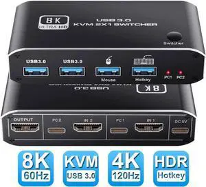 8K @60Hz 2x1 HDMI 2.1 KVM Switch, 2 Port 2 in 1 Out KVM HDMI 2.1 Switch for 2 PCs Shares 1 Set Mouse, Keyboard and Monitor, Support 8K @60Hz, 4K @120Hz, Hotkey, USB 3.0 Port, HDMI2.1 in/Out Port