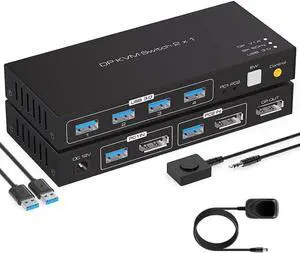 JAENFONG 2 Port Displayport KVM Switch Support 8K60Hz 4K120Hz, USB 3.0 DP1.4 KVM Switch for 2 Computers Share 1 Monitor with 4 Port USB 3.0 Hub Includes Desktop Control and 2xUSB Cables