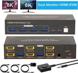 JAENFONG 4K Dual Monitor HDMI KVM Switch 2 Monitors 2 Computers 4K@60Hz, USB 3.0 2x2 HDMI KVM Switcher PC Extended Display for 2 PC Share 4 USB 3.0 Devices, Desktop Controller & 2 USB Cables Included