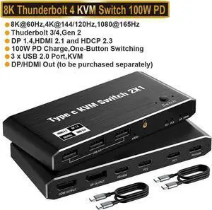 JAENFONG 2x1 USB C KVM Switch 8K @60Hz 4K @120Hz, 2-Port Type C to HDMI or DP Monitor KVM Switch for 2 Laptops Share 1 Monitor and 3 USB Devices & 100W Power Delivery, 2 USB-C Cables Included