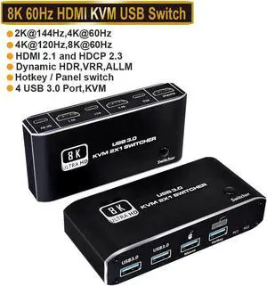 JAENFONG HDMI KVM Switch,8K USB Switch 2x1 HDMI2.1 Ports + 4X USB3.0 KVM Ports, Share 2 Computers one Monitor Switch,Supports 8K 60Hz,4K 120Hz,YUV 4:4:4, HDCP 2.3, HDR 10, Hotkey