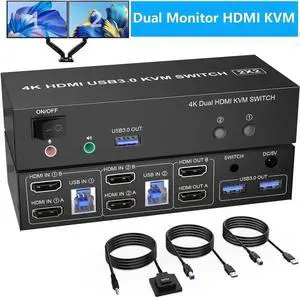 2 Port HDMI Dual Monitor USB 3.0 KVM Switch, 4K@60Hz Extended Display HDMI KVM Switch 2 Monitors 2 Computers with Audio Microphone Output and 3 USB 3.0 Ports, PC Monitor Keyboard Mouse Switcher