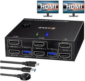 JAENFONG 2 Ports HDMI KVM Switch 2 Monitors 2 Computers, Support EDID Emulator 4K@60Hz USB 3.0 Dual Monitor HDMI KVM Switches for 2 Computers Share 2 Monitors and 4 USB 3.0 Devices, with Wired Remote