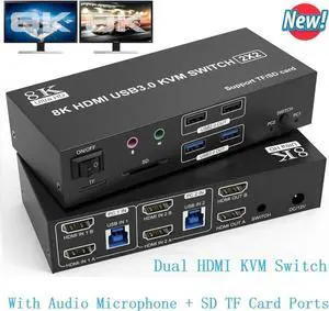 Dual Monitor HDMI KVM Switch 2 Monitors 2 Computers, 8K@60Hz 4K@120Hz HDMI KVM Switcher 2 in 2 Out for 2 Computers Share 2 Monitors & 4 USB Devices, with Audio Microphone Output and SD TF Slots