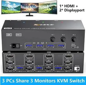 KVM Switch 3 Monitors 3 Computers 8K@60Hz 4K@144Hz, 1 HDMI + 2 Displayport KVM Switch Triple Monitor for 3 Computer Share 3 Monitor and 4 USB 3.0 Devices,Wired Remote and Power Adapter Included