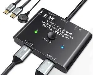 USB C Switch, Bi-Directional USB C Switcher 2 Computers, USB Type C KVM Switch 8K@60Hz 4K@120Hz Video/10Gbps Data Transfer/100W Charging,Compatible with Thunderbolt Device, 2 USB-C Cables Included