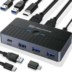 JAENFONG USB 3.0 Switch 2 Computers Sharing USB C & A Devices, 4 Ports USB Switcher 2 in 4 Out for PC Laptop Mouse Keyboard Printer KVM Switch Selector with 3 USB Cables/1x USB A to USB-C Adapter