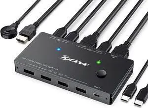 USB Type-C HDMI KVM Switch 4K@60Hz, USB C +HDMI Switch for 2 Computers Share 1 Monitor and 4 USB Devices,Compatible with Thunderbolt 3, with 100 W Power Delivery, Wired Remote and 3 Cables Included