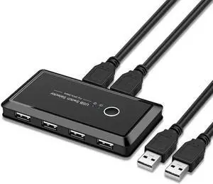 USB Switch Selector, KVM Switch Adapter 2 PC Sharing 4 USB Devices, USB 2.0 Peripheral Box Hub for Keyboard, Mouse, Scanner, Printer, Computer with One-Button Swapping and 2 Pack USB A to A Cable