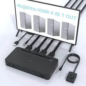 JAENFONG 4K HDMI KVM Switch 4 Ports for 4 Computers Share One HD 4K Monitor, 3 USB Devices Keyboard Mouse Printer, 2 3.5mm Headphone Jack, Including 4 HDMI Cable and 1 Remote Controller