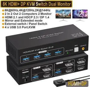 Dual Monitor HDMI + Displayport KVM Switch 2 Monitors 2 Computers USB 3.0 Switcher PC Extended Support 4K@120hz 8K@60hz for 2 PC Share 4 USB Ports with External Wired Controller and 2 USB Cable