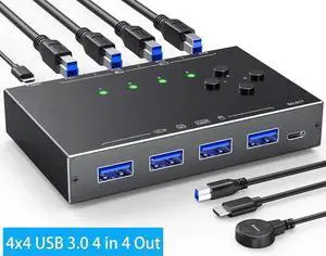 JAENFONG 4x4 USB 3.0 Switch 4 Computers, 4 Port USB Switch Selector for 4 Computer Share 4 USB Devices, Keyboard Mouse Switch, 4 in 4 Out USB 3.0 Switcher with Wired Remote and 4 Standard USB-B Cables