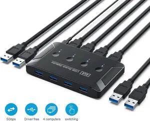 JAENFONG 4 Ports USB 3.0 Switch 4 in 4 Out, Premium USB Switcher Computers Sharing 4 USB Devices for Keyboard Mouse Printer Scanner, Peripheral Switcher Box Compatible with Mac/Windows/Linux JAENFONG 4 Ports USB 3.0 Switch 4 in 4 Out, Premium USB Switcher Computers Sharing 4 USB Devices for Keyboard Mouse Printer Scanner, Peripheral Switcher Box Compatible with Mac/Windows/Linux
