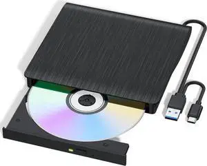 JAENFONG External CD/DVD Drive for Laptop, USB 3.0 & Type-C External CD DVD Burner, Portable DVD Player for Laptop, Slim External Optical Drive Compatible with Windows 11/10/8/7/XP, Mac, Linux OS