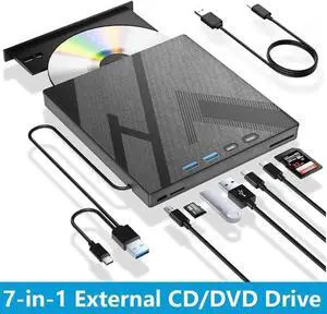 [7 in 1] External DVD Drive, External CD/DVD Drive for Laptop with USB A & USB C Ports and SD/TF Port, CD DVD Burner DVD Player USB 3.0/Type C, CD ROM External Drive for PC Laptop Windows Linux