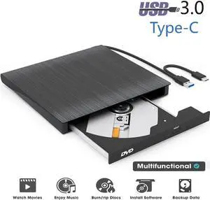 External CD DVD Drive, Type-C & USB 3.0 Portable Optical CD/DVD Drive, CD DVD Player RW Writer External CD DVD Burner Reader for Laptop, Desktop, PC, MacOS, Windows 11/10 / 8/7 / XP/Linux/Vista