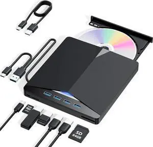 JAENFONG External CD/DVD Drive for Laptop, 7-in-1 USB 3.0 & Type C Portable External CD DVD Burner Optical DVD Drive with SD/TF Card Reader & 4-Port USB Hub, Compatible with Windows, Mac OS, Linux