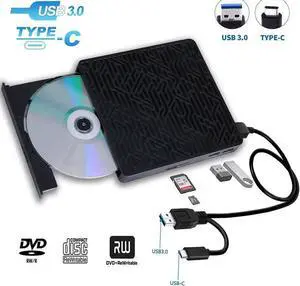 USB 3.0&USB-C External CD DVD Drive,Multifunctional External CD/DVD +/- RW Burner Player Writer Support SD/TF Card/2 USB 3.0 Ports/Charging,Compatible with Mac OS/Windows/MacBook/Laptop/Desktop-Black