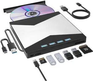 JAENFONG External CD/DVD Drive for Laptop, DVD Player for Laptop, 7 in 1 Ultra-Slim CD Burner with 4 USB Ports and 2 TF/SD Card Slots, External Optical Disk Drive Compatible with Desktop Mac Windows
