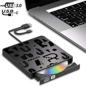 JAENFONG External CD DVD Drive, USB 3.0 & Type-C Portable CD/DVD +/-RW ROM Burner Rewriter, Slim Optical Drive CD DVD Player Disc Reader for Pc Laptop Windows 7/8/10/11/ XP/ Vista Linux/ MAC OS