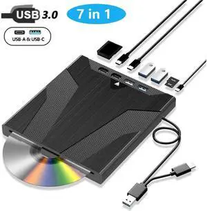 JAENFONG [7 in 1] External CD/DVD Drive for Laptop, Slot-Loading CD Reader for Laptop, Portable USb 3.0 & Type C External CDs Drive DVD Drive Externals CD Burner Compatible with PC Windows Linux MacOS