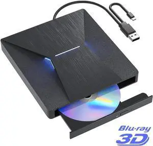 JAENFONGExternal Blu Ray Drive, USB 3.0 and Type-C External Blu-Ray CD DVD Drive, Blu-ray Reader 3D Slim Optical CD Drive CD/DVD Burner Optical Drive Compatible with Windows XP/7/8/10, Laptop, Desktop
